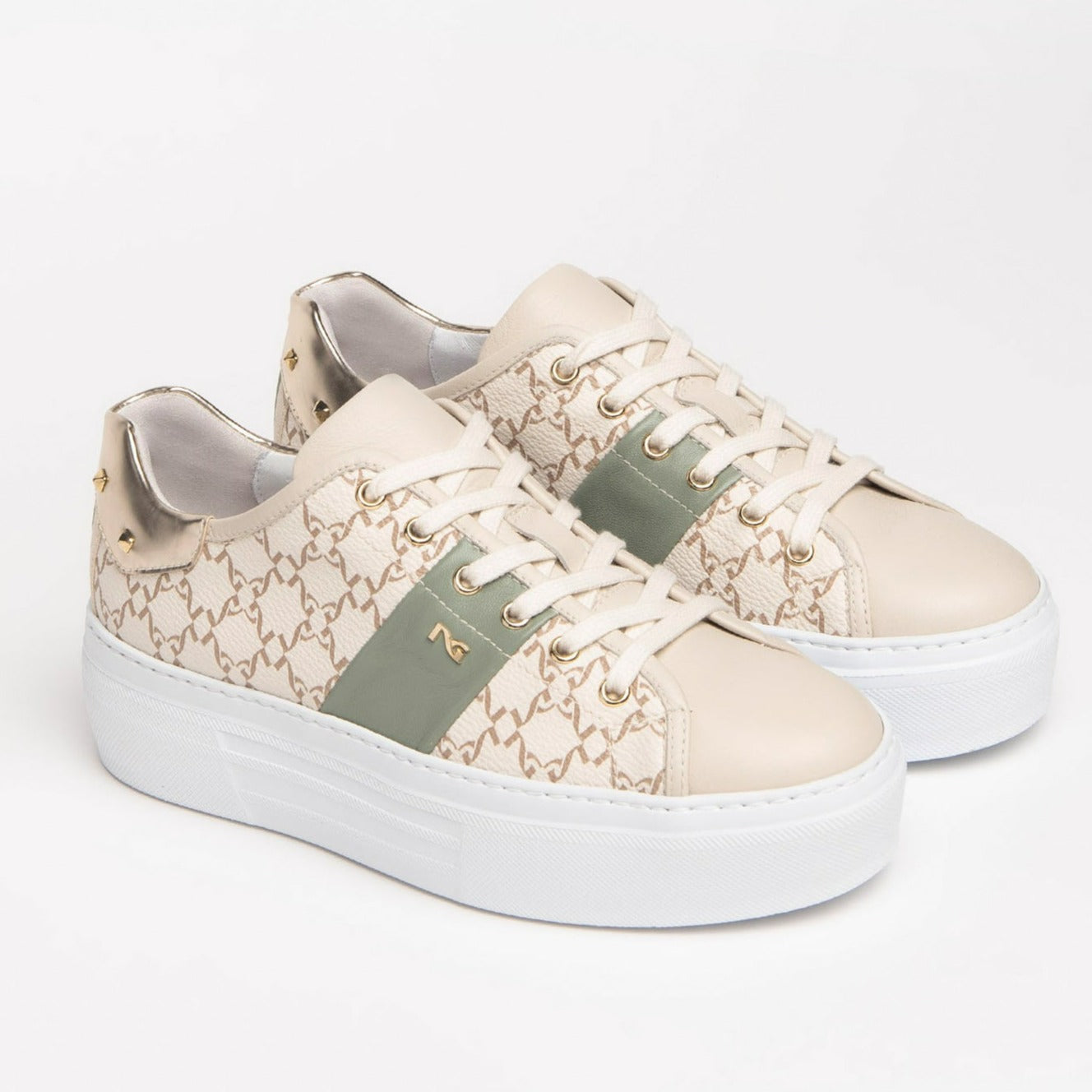 Sneakers NeroGiardini donna pelle beige fascia verde suola platform