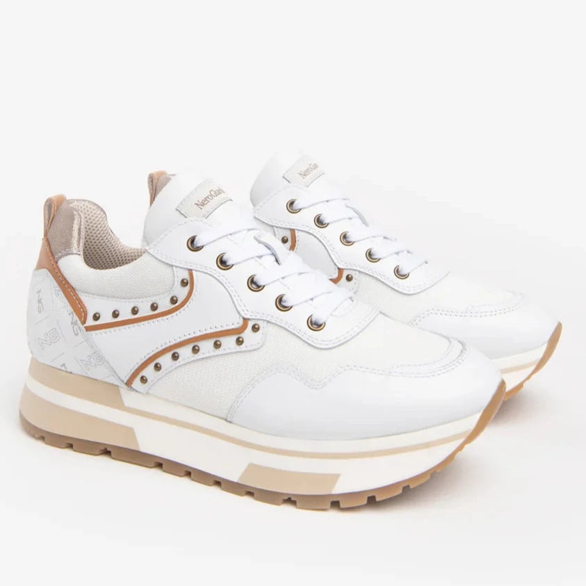 Sneakers NeroGiardini woman white leather with texture and leather inserts