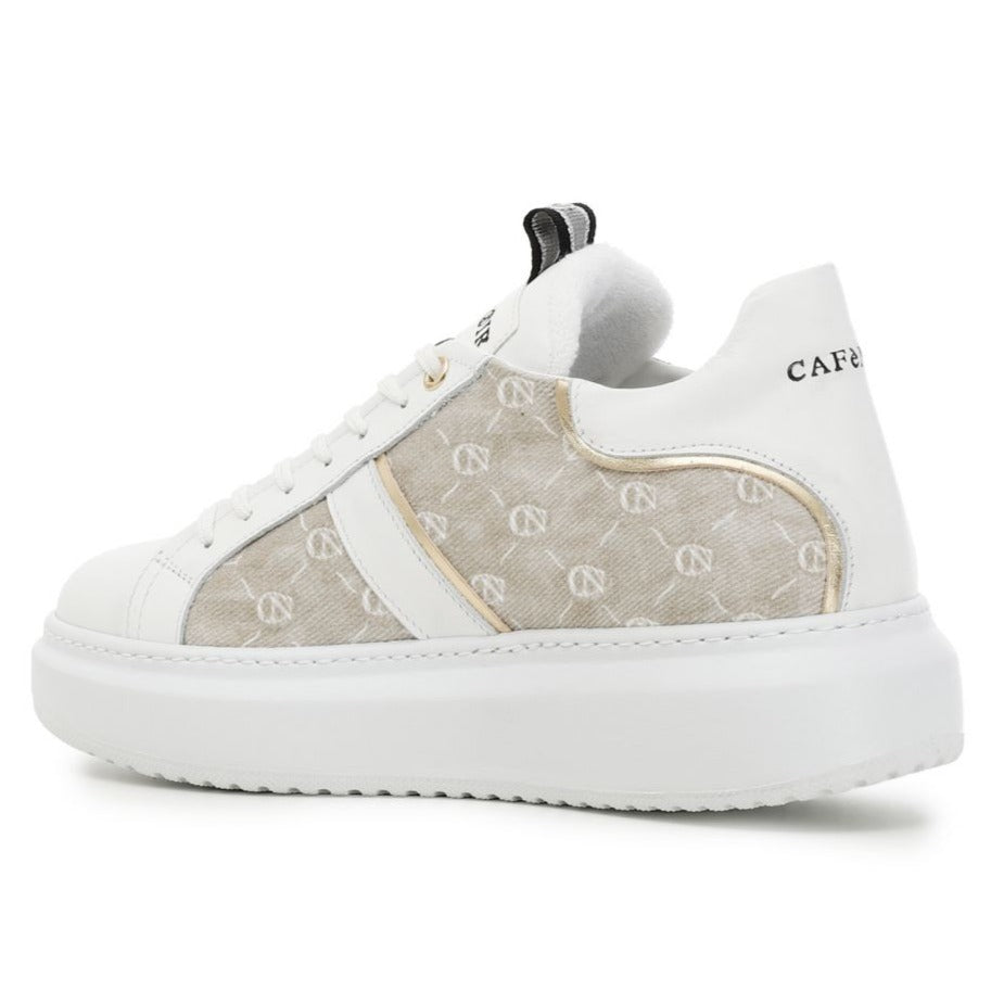 Sneakers CafèNoir woman white leather beige fabric inserts