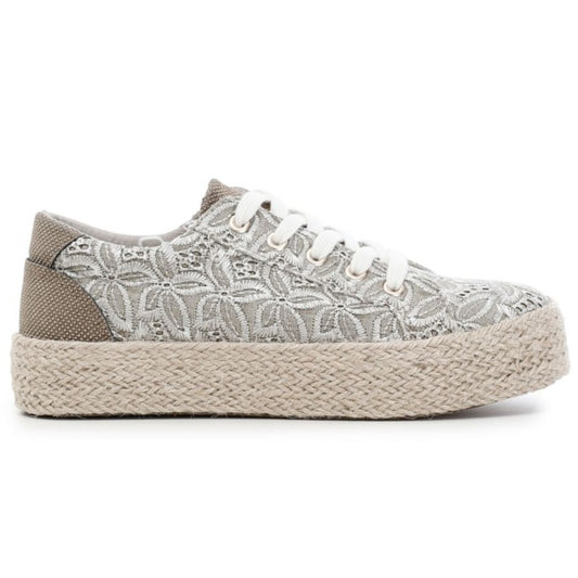 Sneakers CafèNoir woman taupe lace fabric with raffia sole