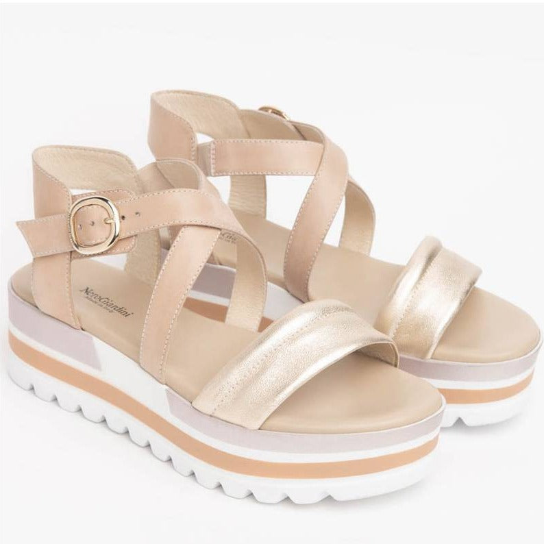 Sandals NeroGiardini women beige and gold leather wedge