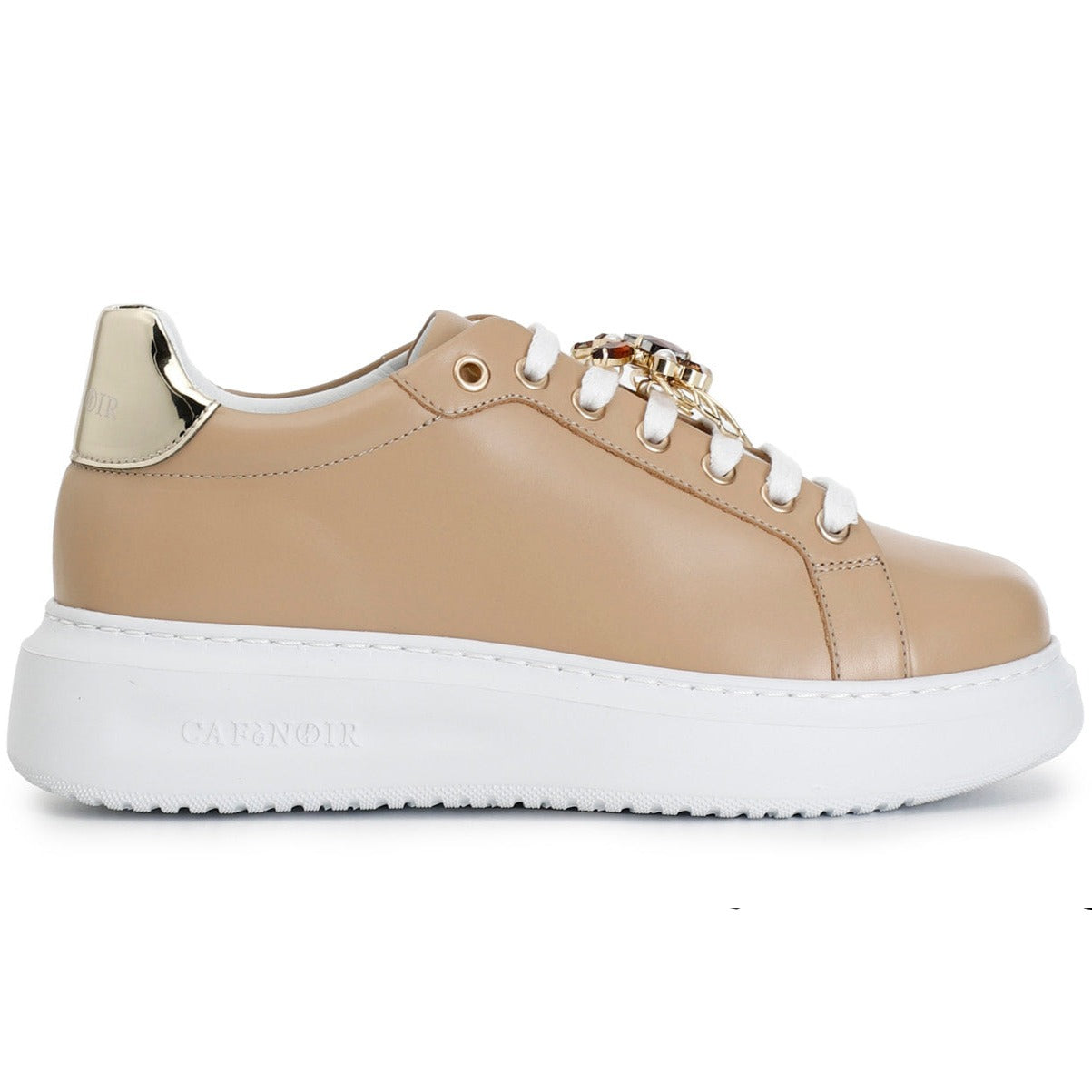 Sneakers CafèNoir donna pelle beige applicazione gioiello