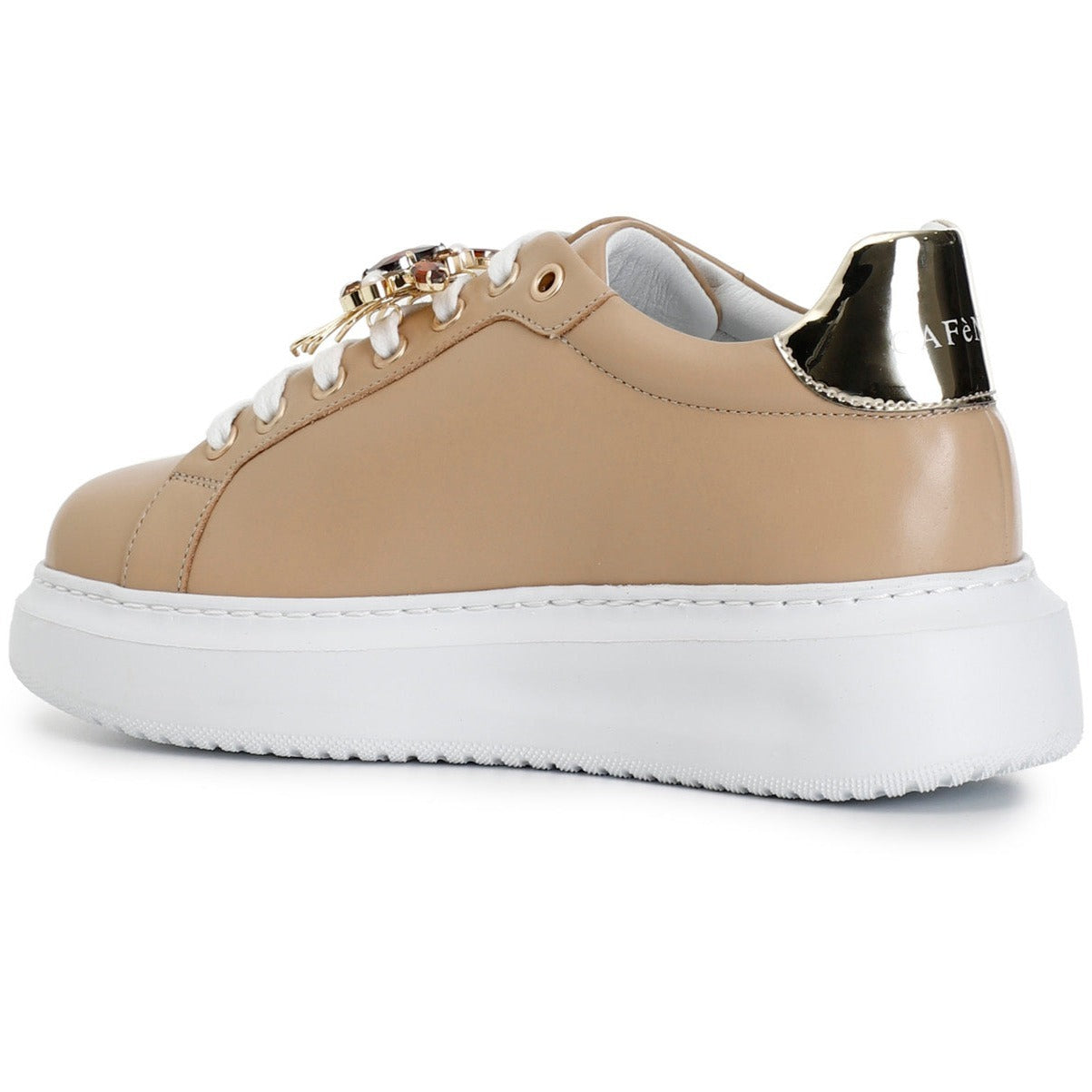 Sneakers CafèNoir donna pelle beige applicazione gioiello