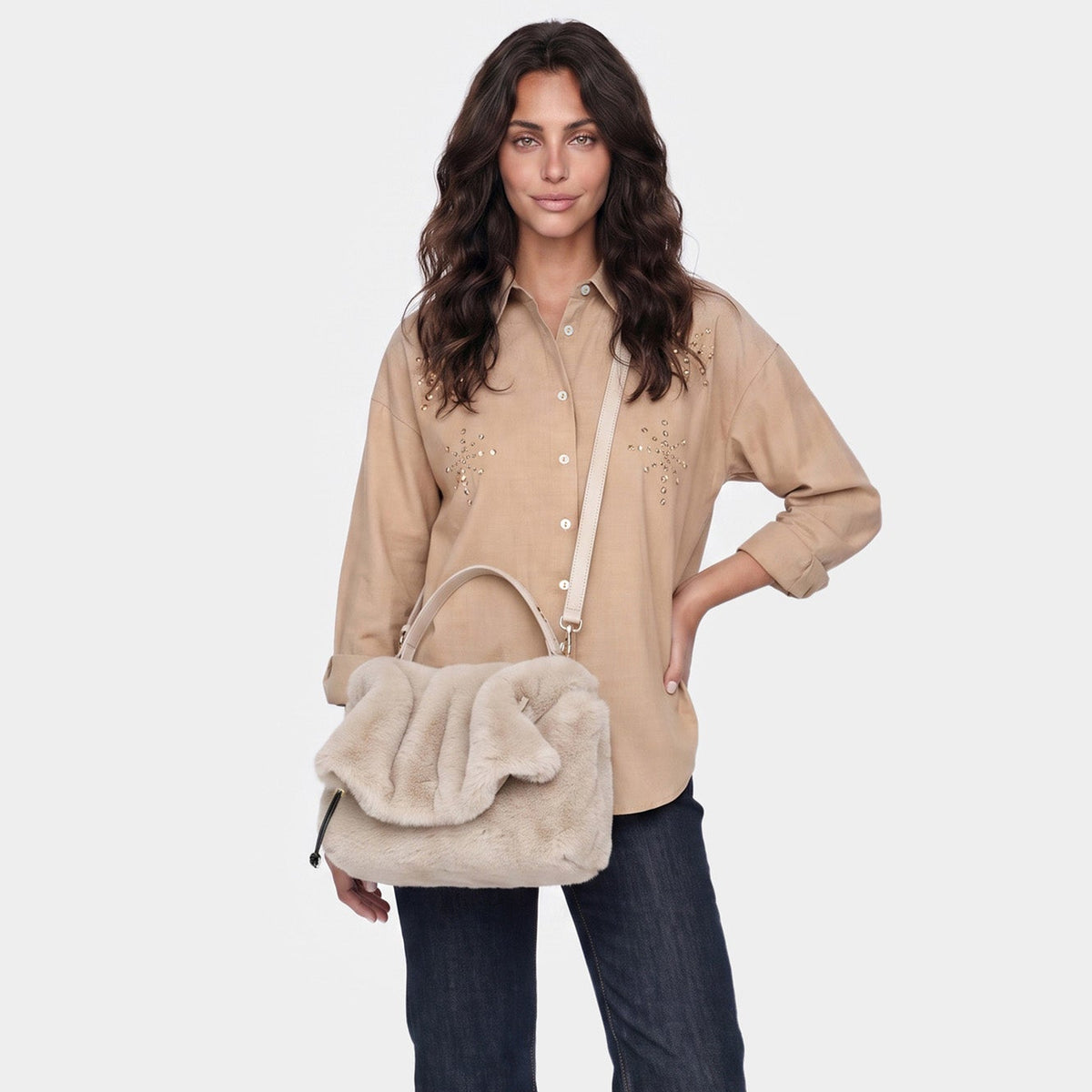 Borsa media CafèNoir donna pelliccia avorio