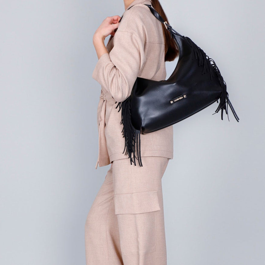 Medium shoulder bag CafèNoir woman black eco-leather fringed effect