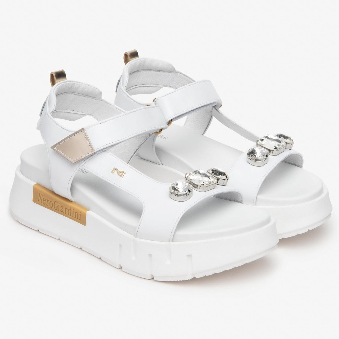 Sandali NeroGiardini donna pelle bianco inserti brillanti