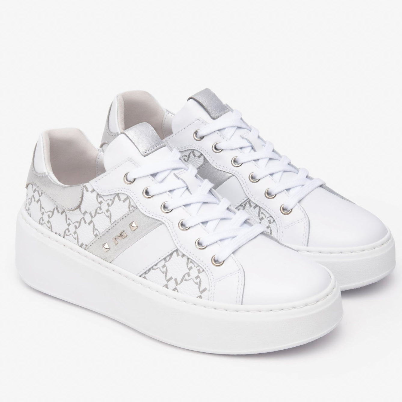 Sneakers NeroGiardini donna pelle bianco argento suola platform