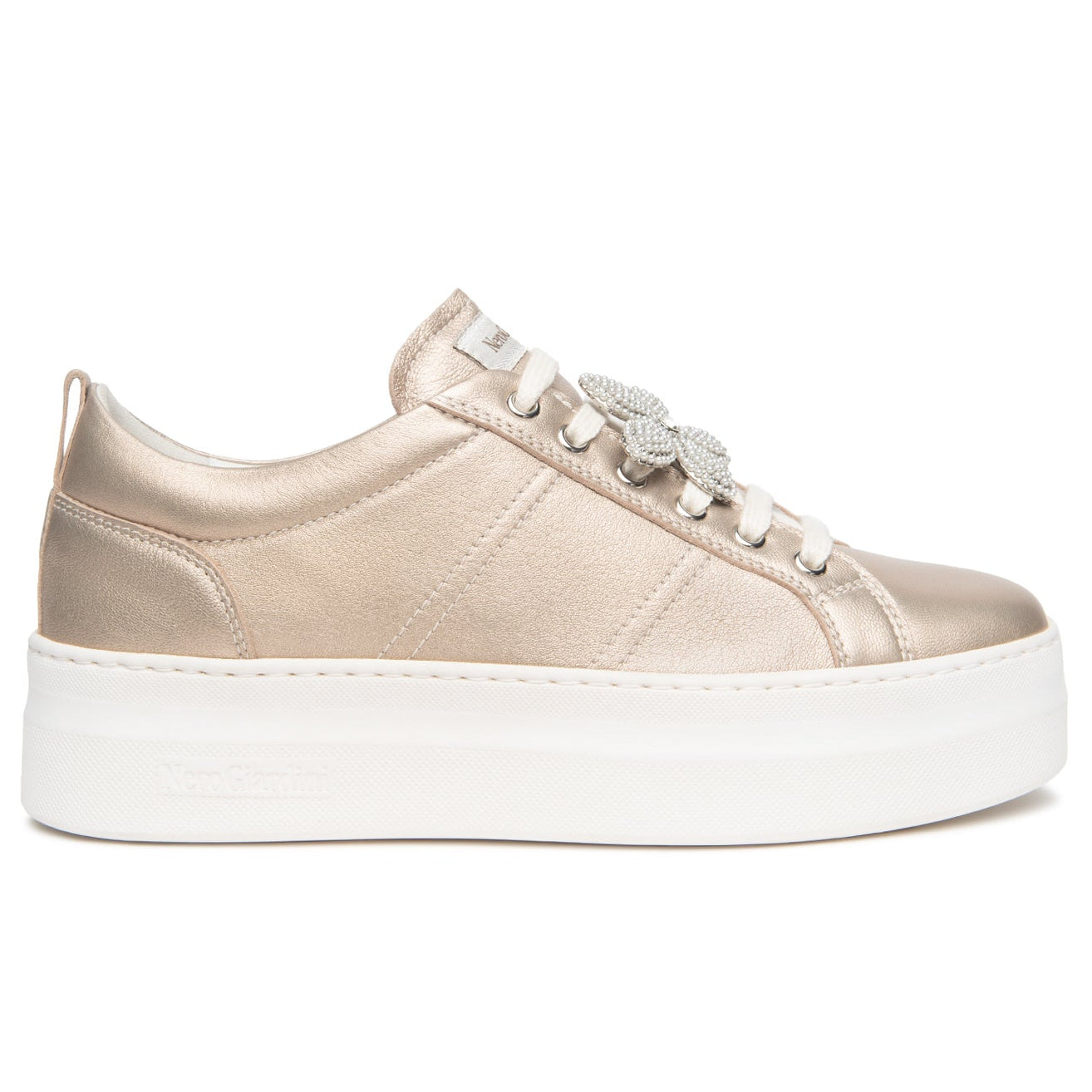 Sneakers NeroGiardini woman platinum leather flower inserts