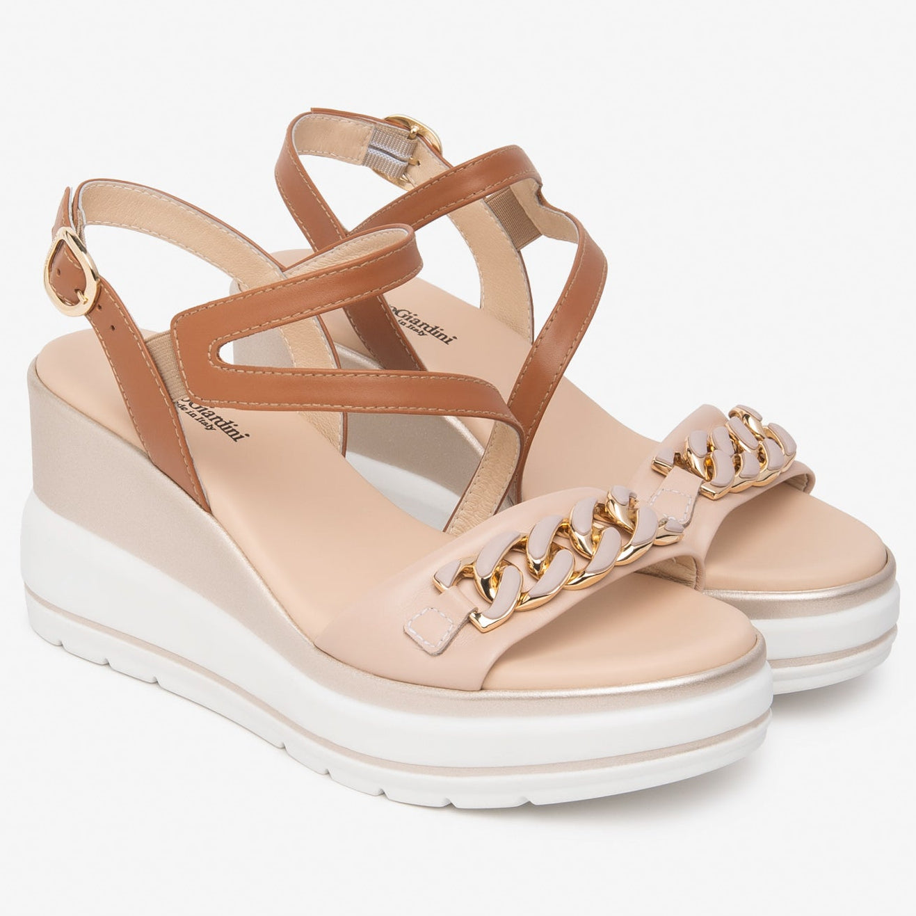 Sandali NeroGiardini donna pelle beige inserto catena