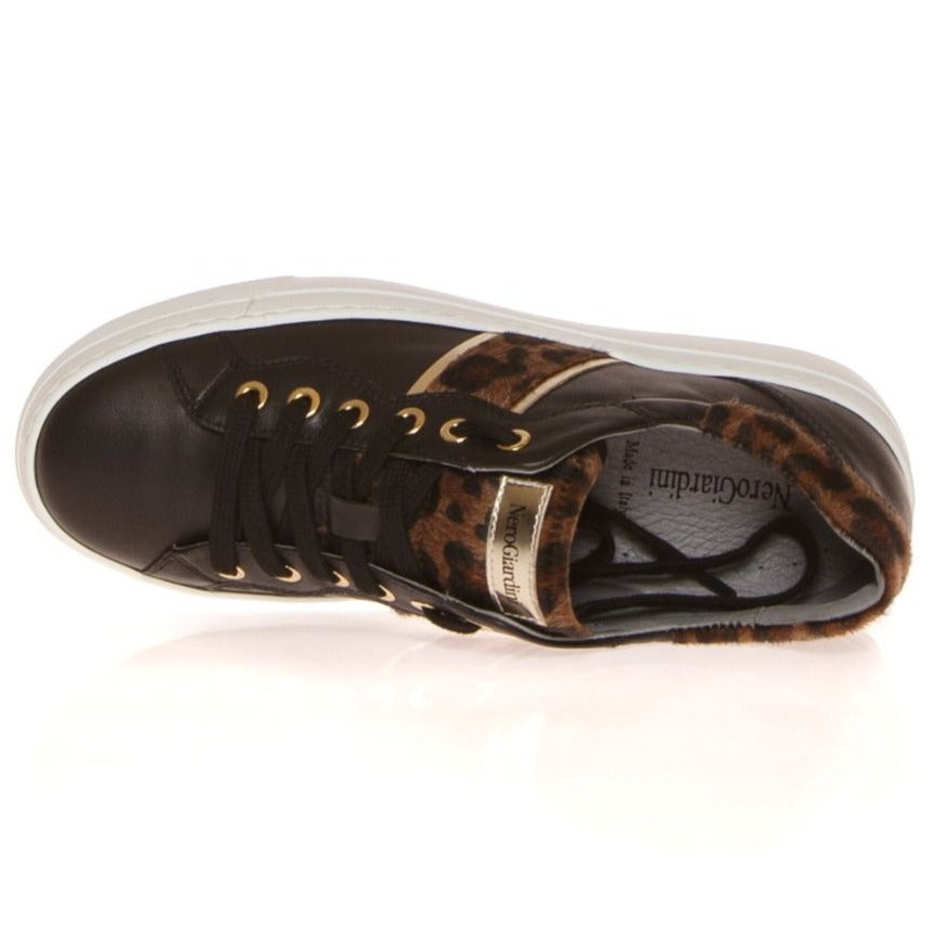 Sneakers NeroGiardini woman black leather animalier