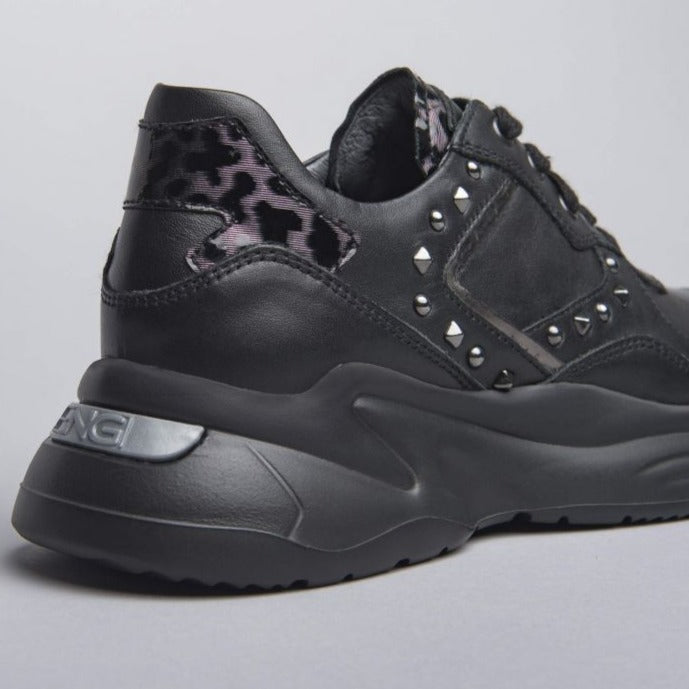 Sneakers Nero Giardini woman black leather animalier studs
