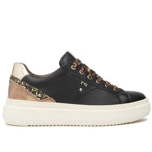 Sneakers NeroGiardini donna pelle nero lacci animalier