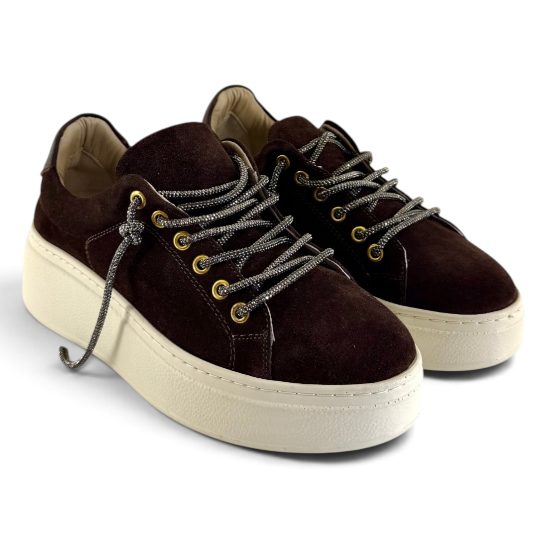 Sneakers Step woman suede dark brown leather strass