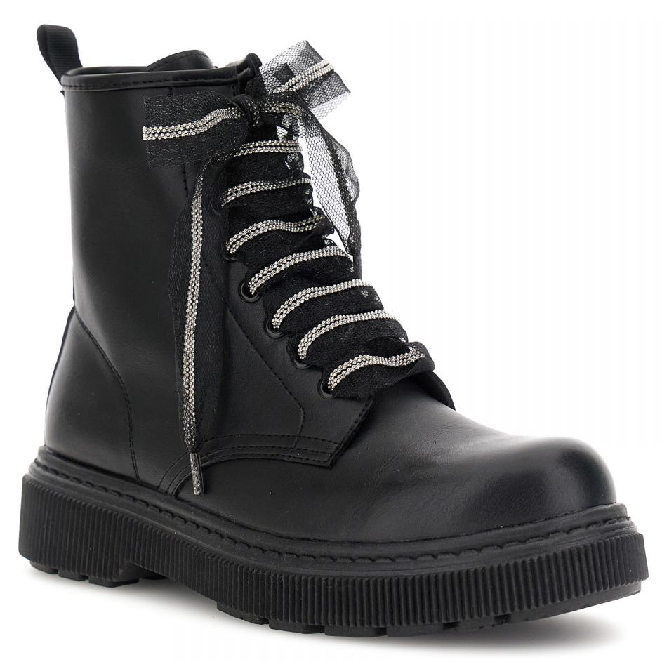 Combat boots CafèNoir woman black eco-leather tulle laces
