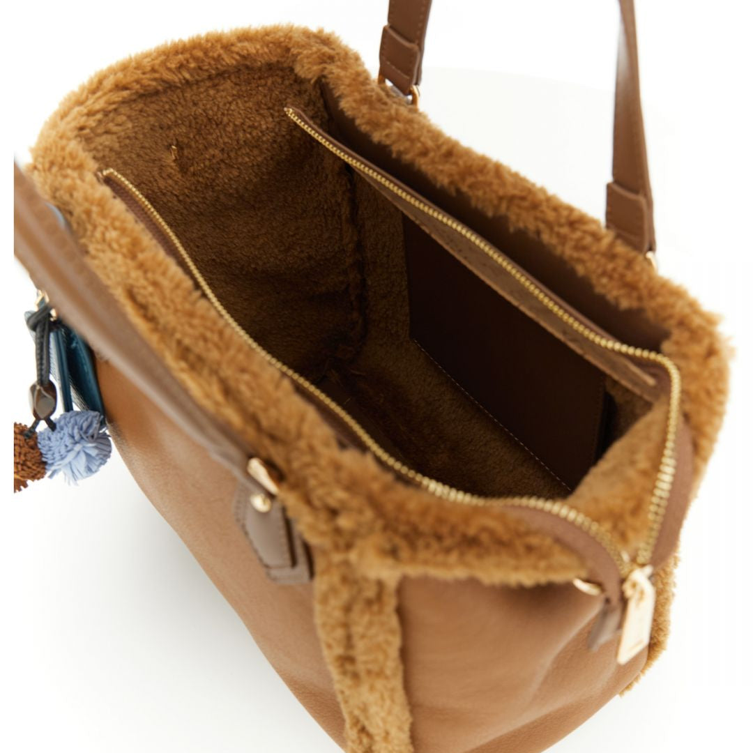Borsa Tote CafèNoir donna effetto shearling marrone