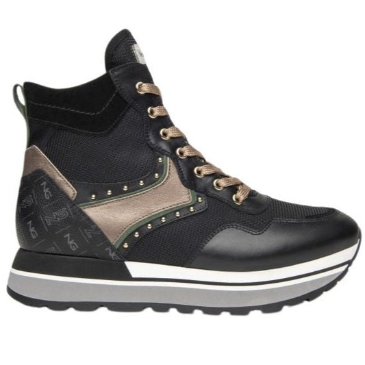 Sneakers Nero Giardini woman black land green leather and fabric