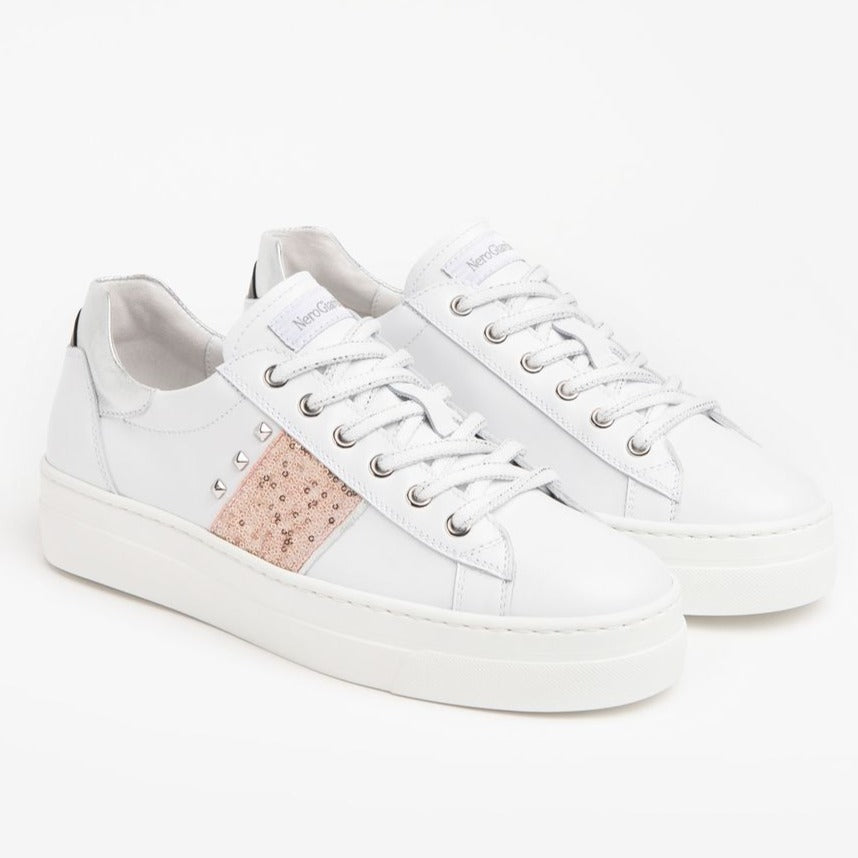 Sneakers NeroGiardini donna pelle bianco inserti rosa