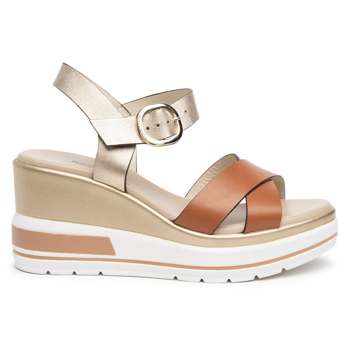 Sandali NeroGiardini donna pelle cognac e oro zeppa
