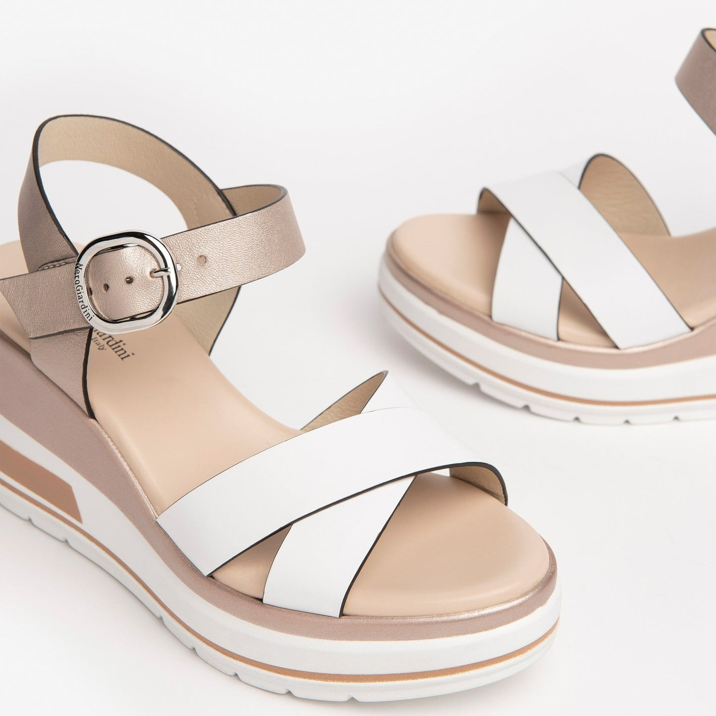 Sandals NeroGiardini women white and gold leather wedge